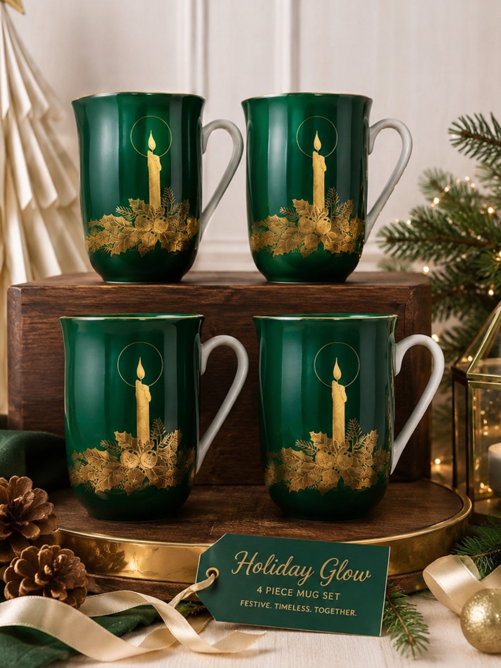 Vintage‎ 70’s (4 Set) of Otagiri Green/Gold Candle Holiday Christmas Mugs